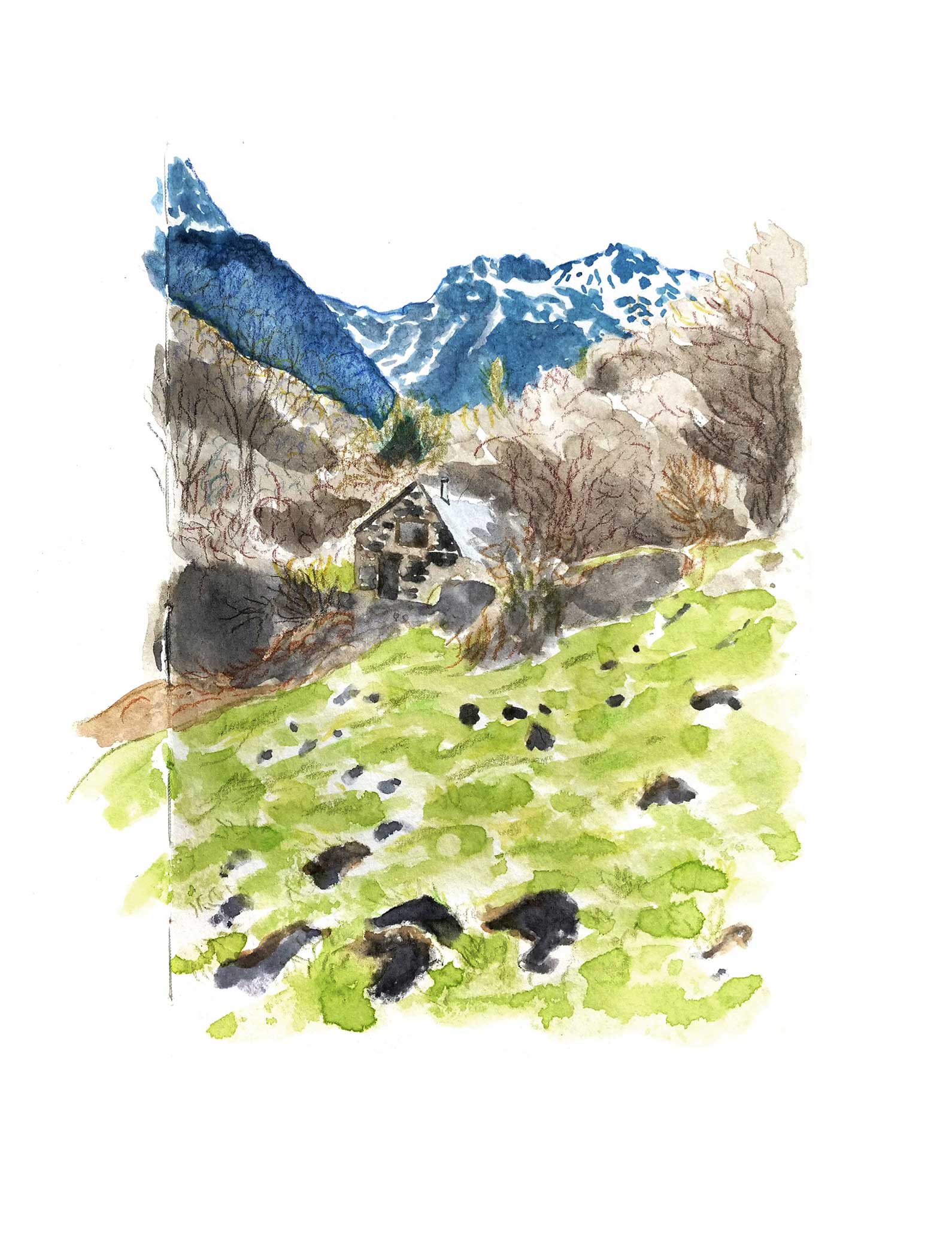 <i>Pyrénées</i>, aquarelle et crayons, 2024