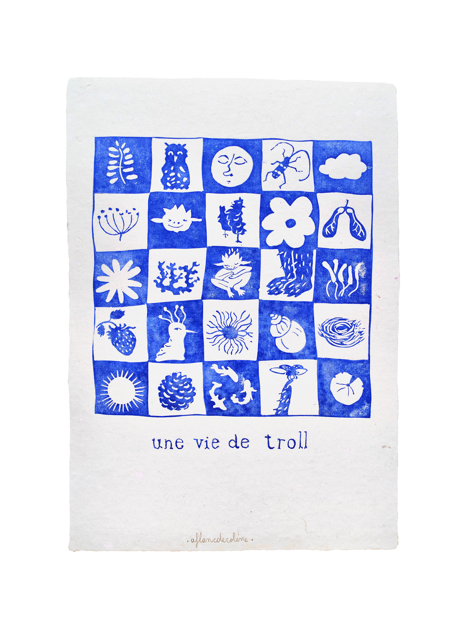 <i>Une vie de troll</i>, linogravure sur papier artisanal, 2024