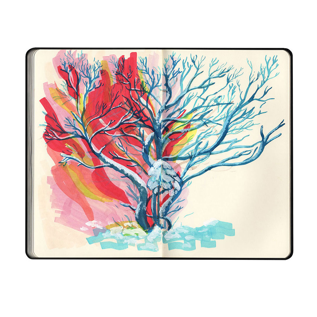 <i>Arbre du Vercors</i>, promarkers et aquarelle, 2025